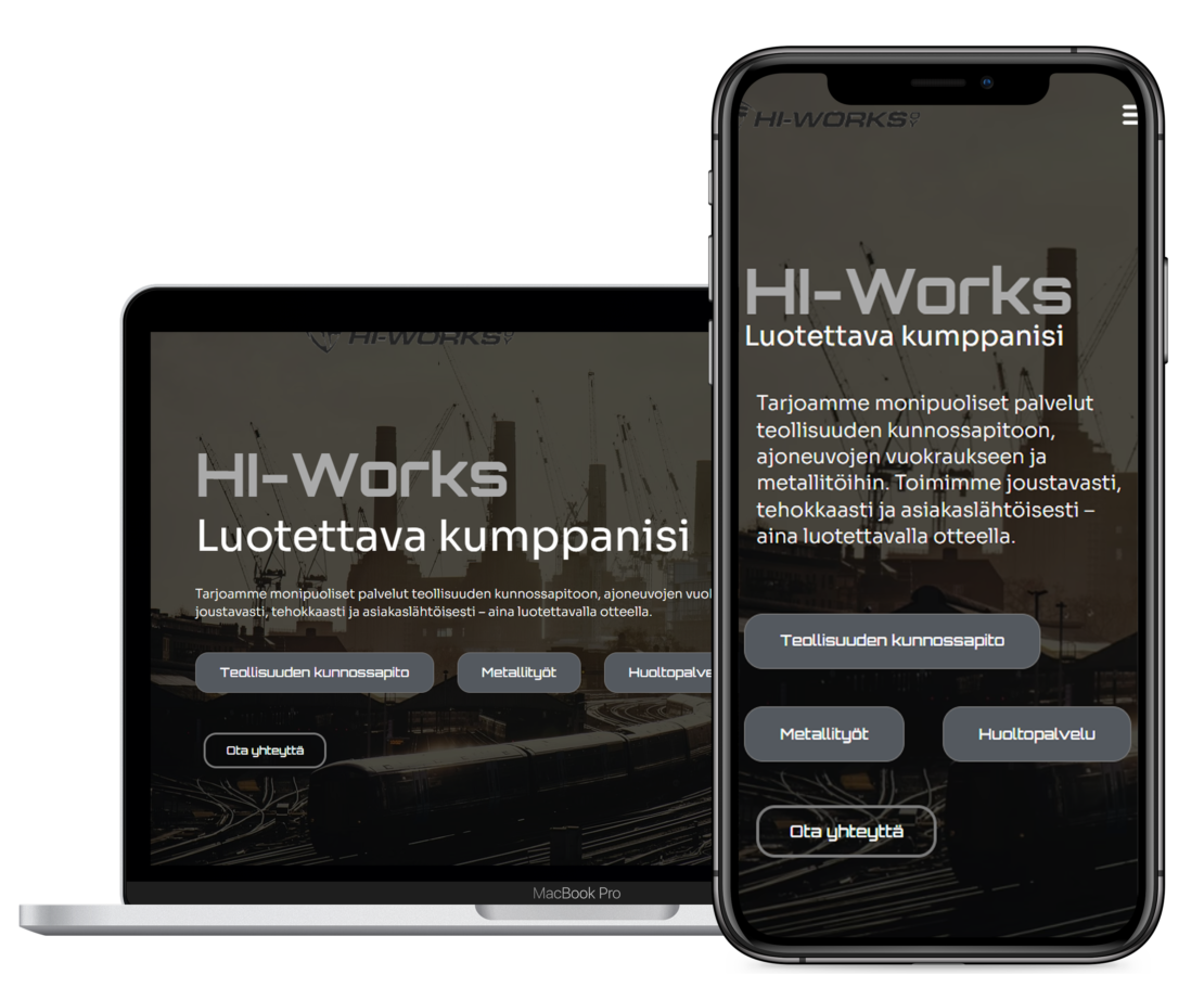 Hi-works verkkosivut mobiili ja tietokonemuodossa