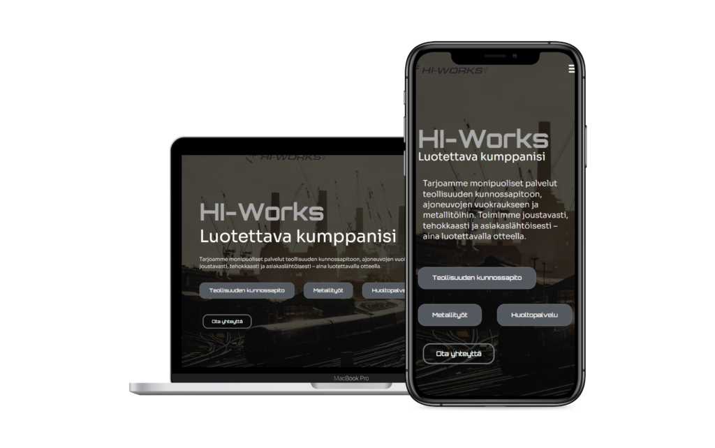 Hi-works verkkosivut mobiili ja tietokonemuodossa