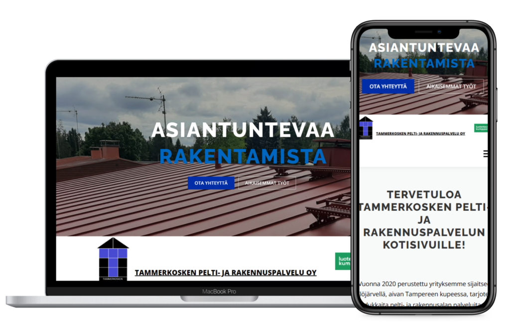 Tammerkosken pelti- ja rakennuspalvelun kotisivut mobiili ja tietokonemuodossa