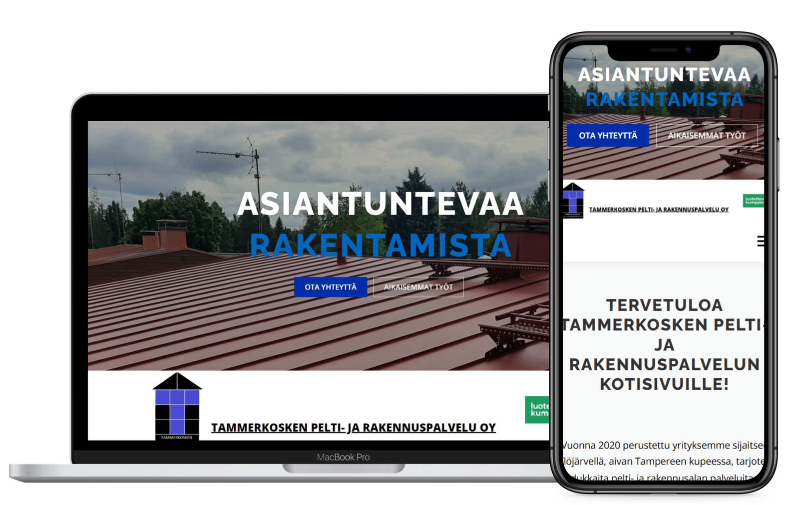 Tammerkosken pelti- ja rakennuspalvelun kotisivut mobiili ja tietokonemuodossa